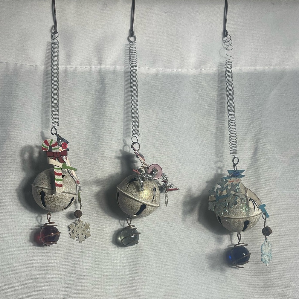 Set of 3 Vintage Style Snowman Jingle Bell Ornaments Glitter Metal Holiday Decor